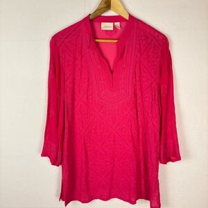 Chico's Hot Pink Sheer Embroidered Tunic Blouse Beach Coverup